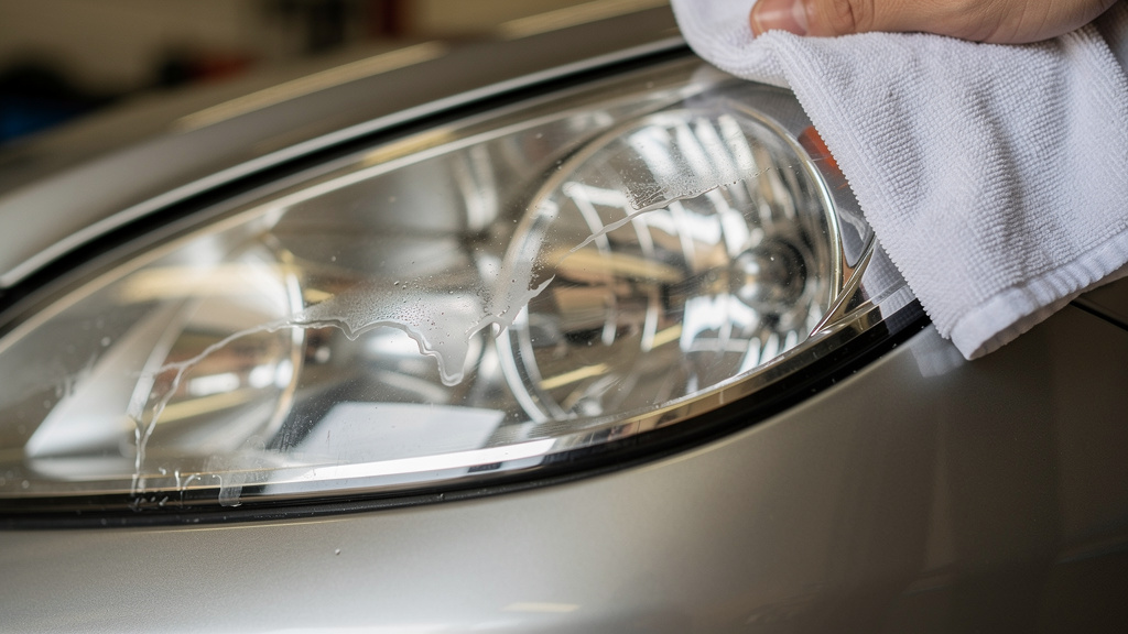 A car headlight being cleaned and restored with a wipe