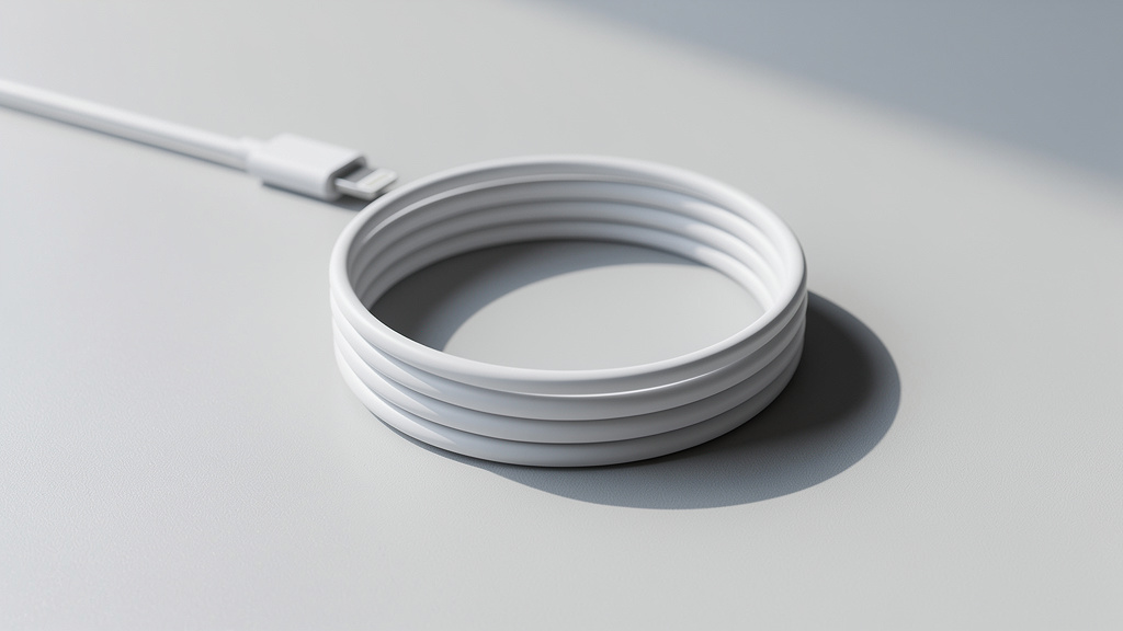 A white charging cable coiled neatly on a desk