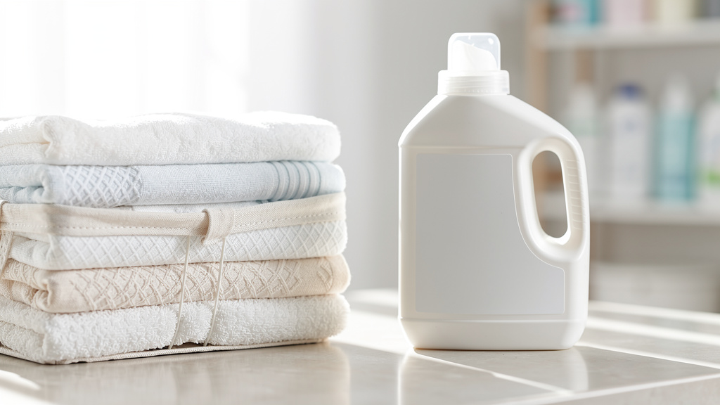 A bottle of laundry detergent next to a laundry basket with folded towels
