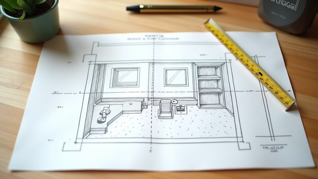 Home office floor plan sketch on graph paper with tape measure