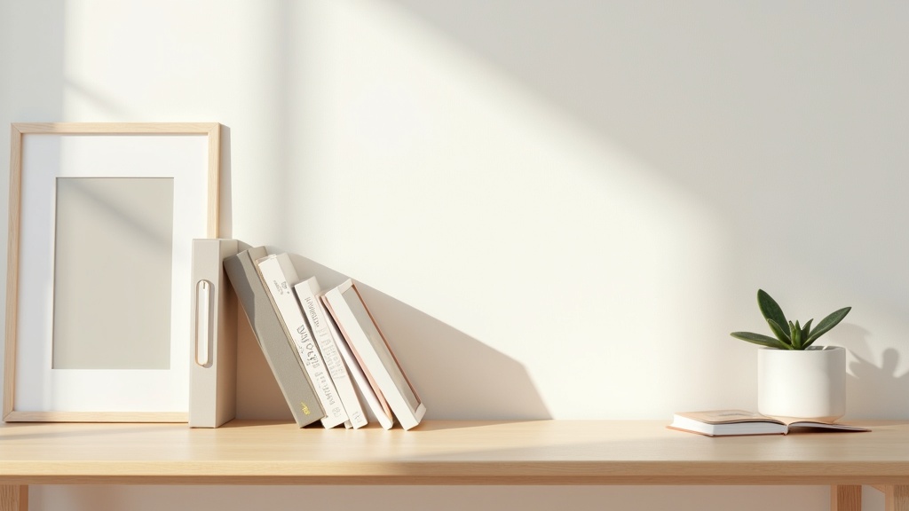 Minimalist home office shelf with edited, intentional objects