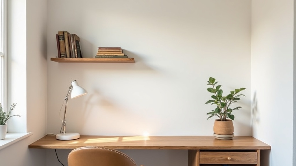 Small home office alcove with wall-mounted desk and floating shelf