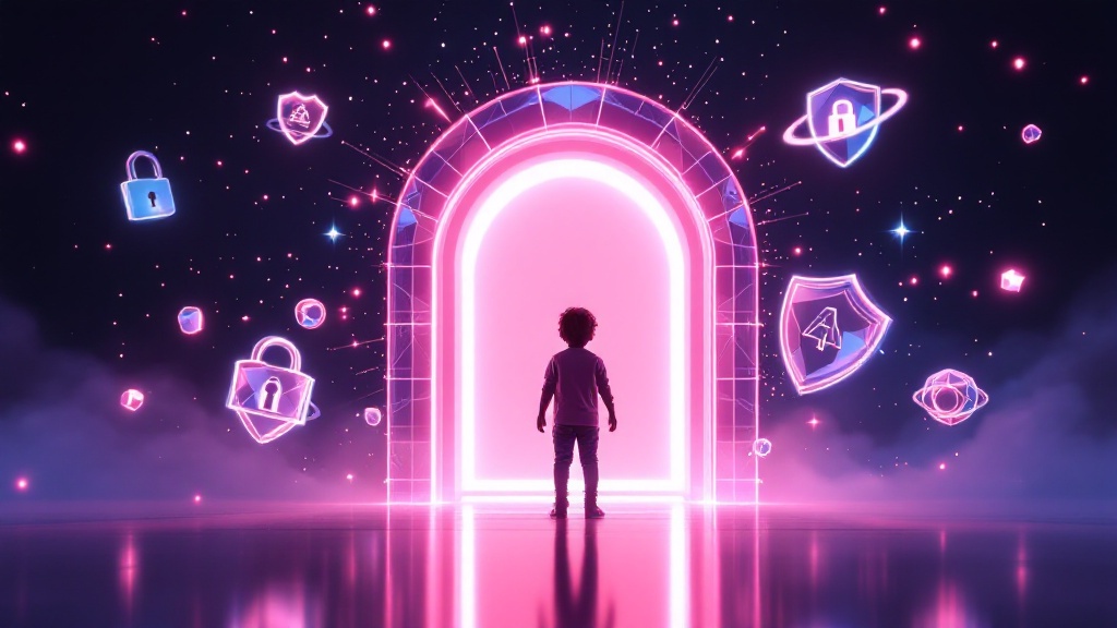 Child using a laptop with digital lock icons, emphasizing online privacy protection for kids in 2026