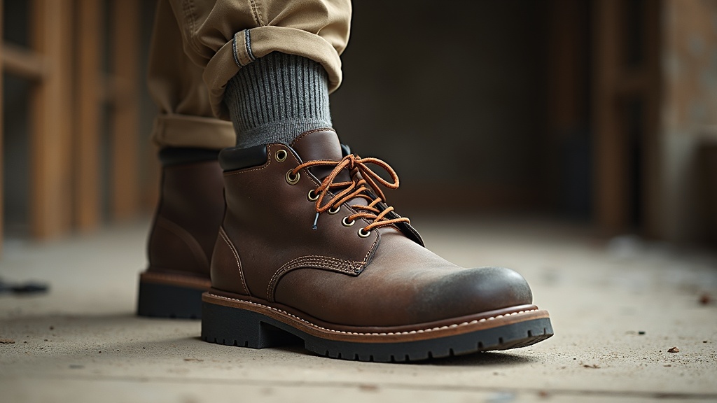 Foot sliding into steel-toe boot with cushioned work sock
