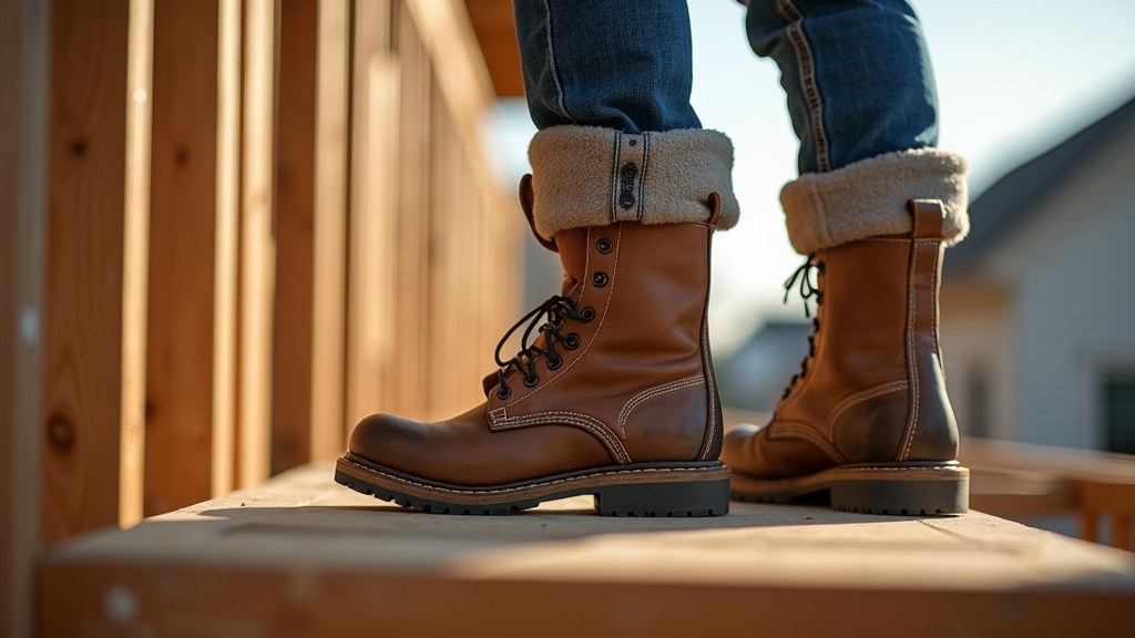 Tradesperson on scaffolding wearing work boots and thick socks