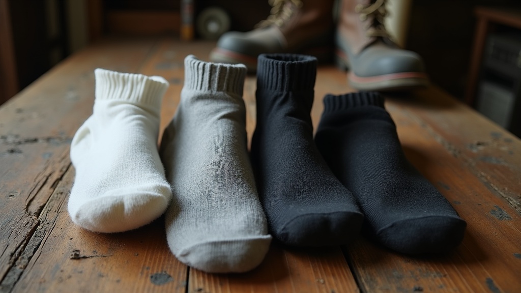 Cotton vs merino vs synthetic work socks compared on a jobsite workbench
