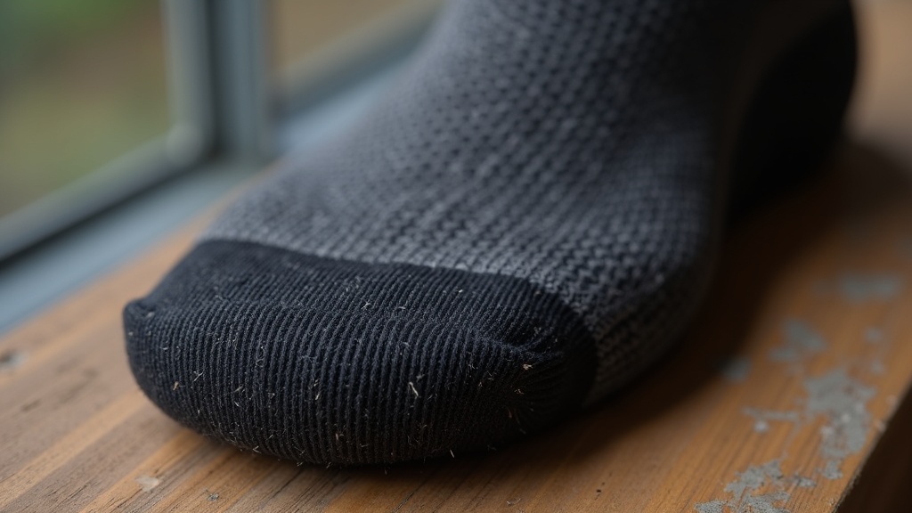 Close-up macro of the cushioned heel zone of a premium merino wool work sock