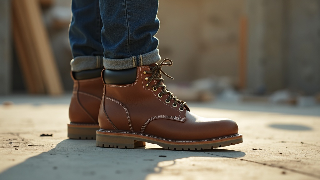 Worker pulling on a steel-toe boot over a thick work sock on a jobsite