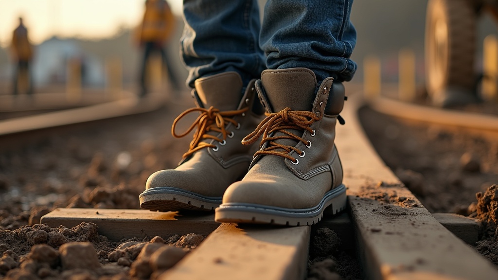 Work boots and premium wool socks on a construction jobsite