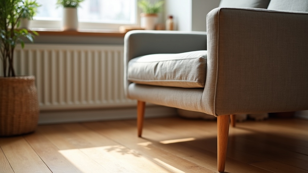 Low-profile sofa with slim wooden legs showing floor space beneath