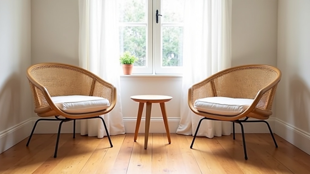 Cane-back armchairs with slim metal legs in a small bright living room