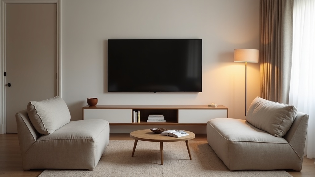 Small living room with wall-mounted TV, low media unit and round coffee table