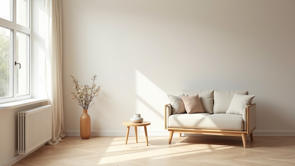 Small living room with round coffee table and slim-legged sofa in Scandinavian style