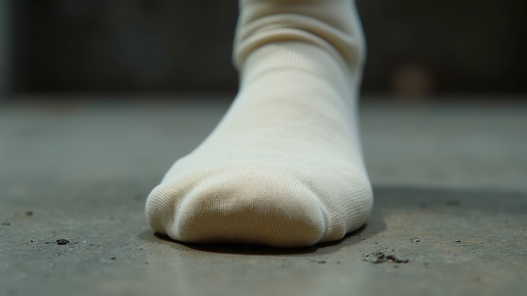 Worn thin cotton work sock showing heel compression on concrete floor