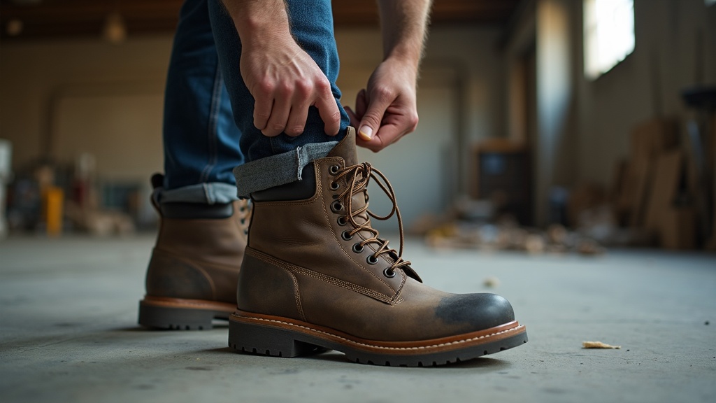 Best work socks for concrete floors: thick cushioned sock and steel-toe boot on a concrete warehouse floor