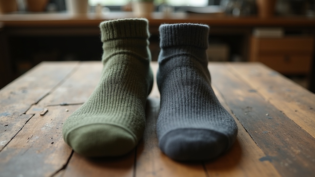 Merino wool vs synthetic work sock comparison showing heel cushion thickness