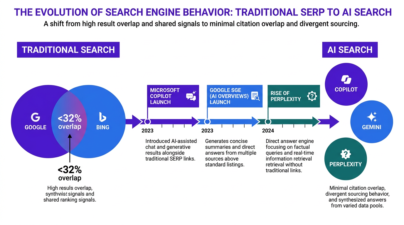 Timeline infographic showing AI search results overlap declining from traditional to AI search era