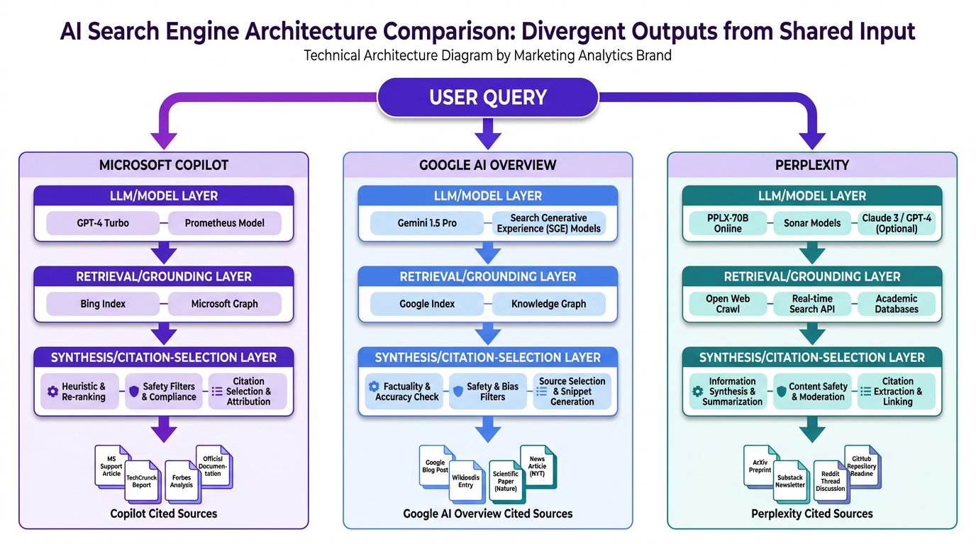 Architecture diagram comparing AI search engine pipelines showing ai search results overlap divergence