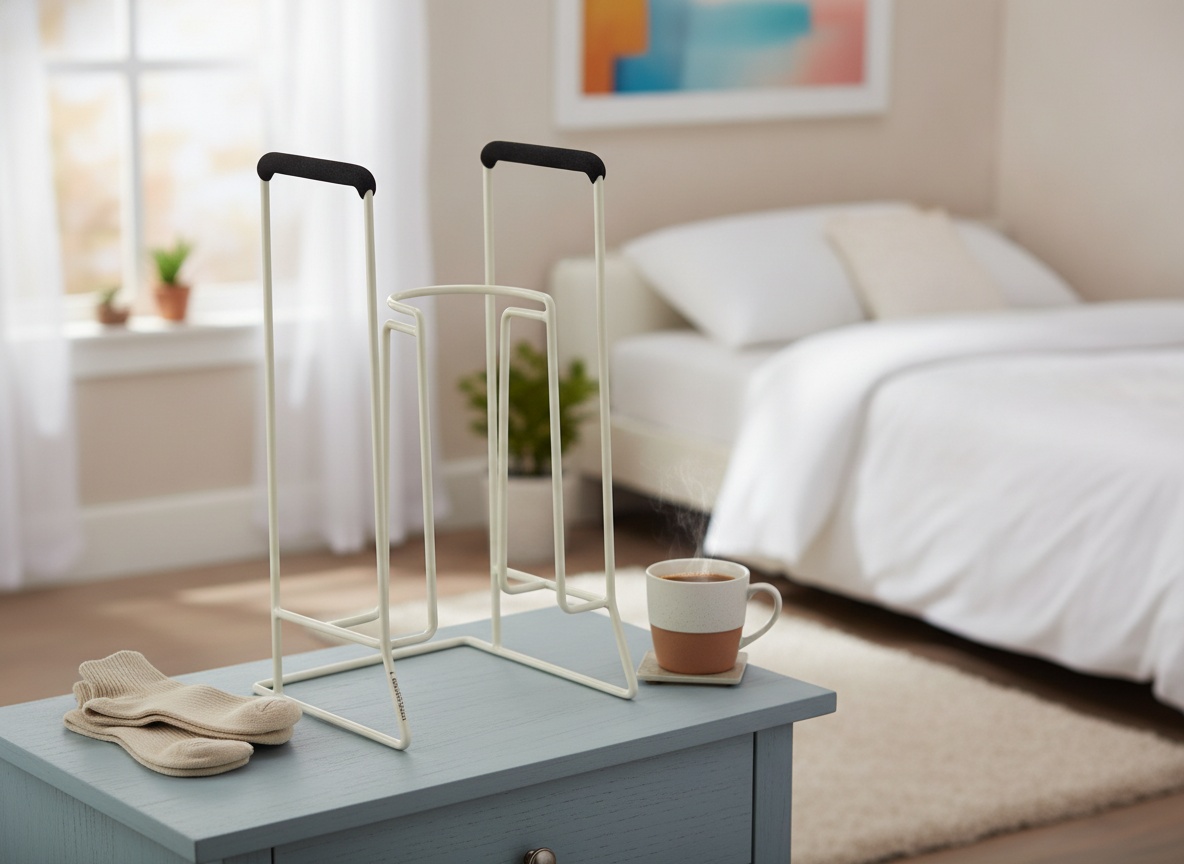 Stocking donner on a bedroom nightstand next to compression socks and coffee, morning routine setting