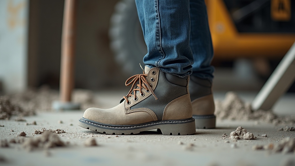 Trabajador de construcción de pie sobre concreto con botas de seguridad