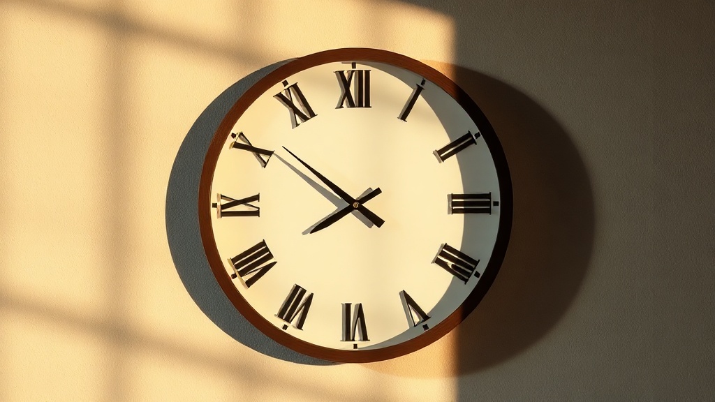 Open-frame Roman numeral clock with floating numerals mounted on a grey plaster wall, hands casting shadows