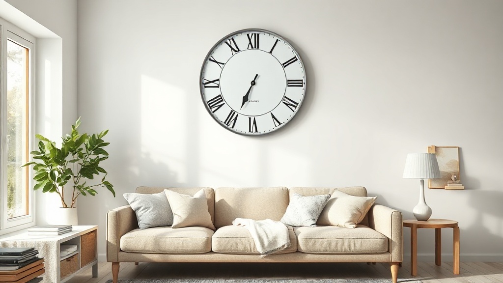 Large Roman numeral wall clock above a sofa in a bright Scandinavian living room with white walls