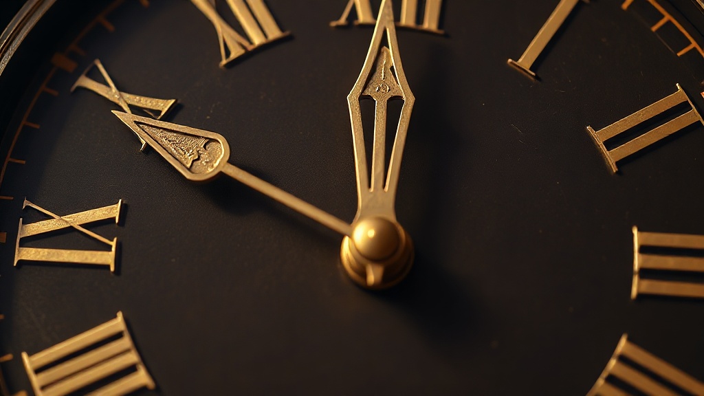 Close-up of a modern Roman numeral clock face with thin brass hands on a dark metal dial