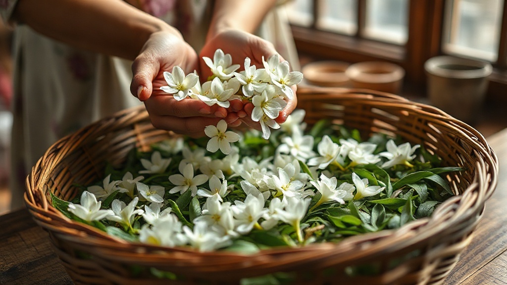 Fleurs de jasmin fraiches disposées en couches sur des feuilles de thé vert dans un panier en bambou