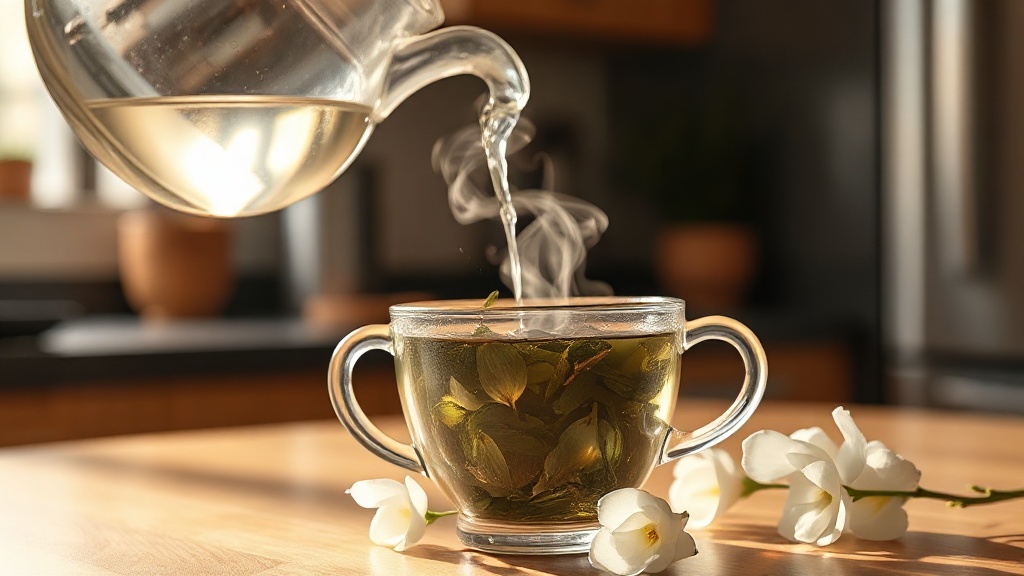 Infusion de thé jasmin dans une théière en verre, les feuilles se déploient dans l'eau chaude