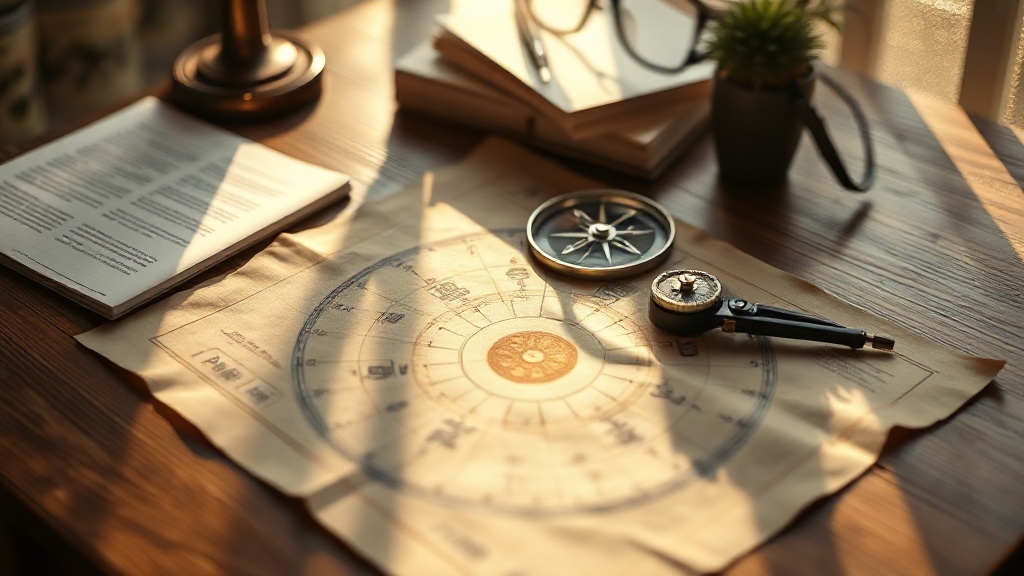 Feng shui bagua map on a wooden desk used for aquarium placement planning