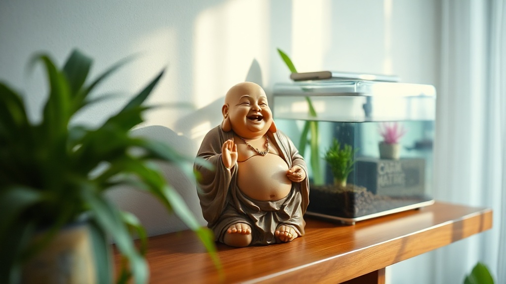 Laughing Buddha statue placed beside a feng shui aquarium on a wooden shelf