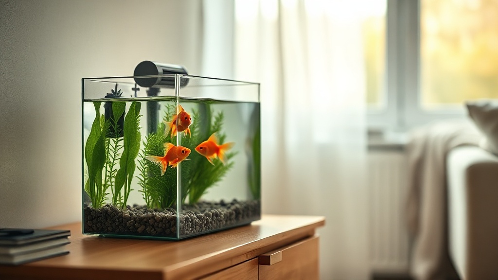 Small feng shui aquarium with goldfish on a wooden console in a living room