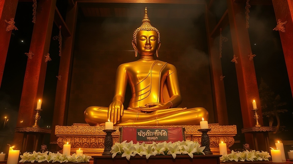 Statue du Bouddha assis en Bhumisparsha mudra dans un sanctuaire de la pagode Shwezigon, laque dorée et offrandes de jasmin