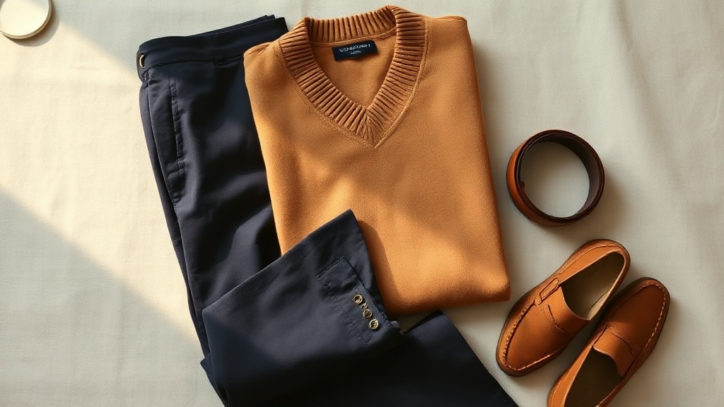 Flat lay of quiet luxury wardrobe essentials: camel sweater, navy trousers, suede loafers, slim leather belt on linen background