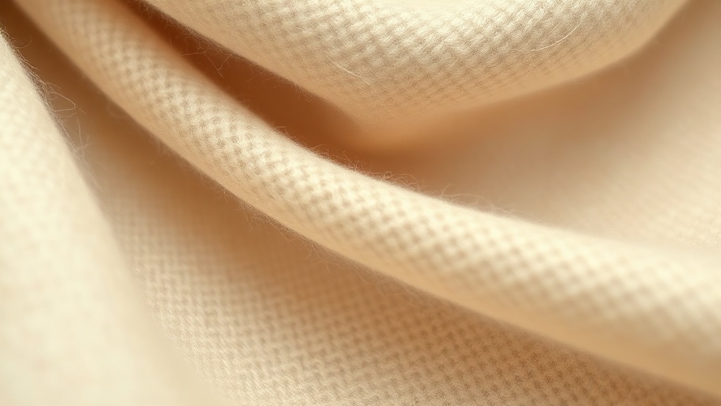 Close-up of fine cashmere or merino wool fabric texture in ivory and taupe, showing soft weave quality