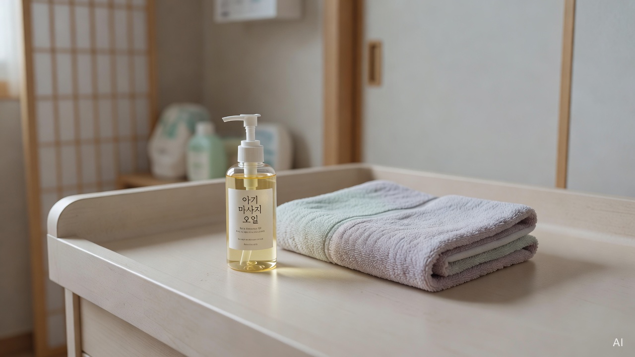 baby massage oil bottle and soft towel on a light-colored changing table surface