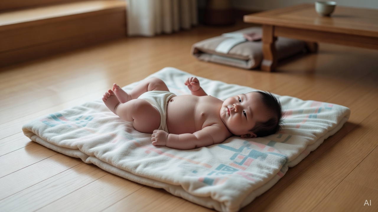 baby lying on a soft blanket with legs curled toward belly, viewed from above on a wooden floor