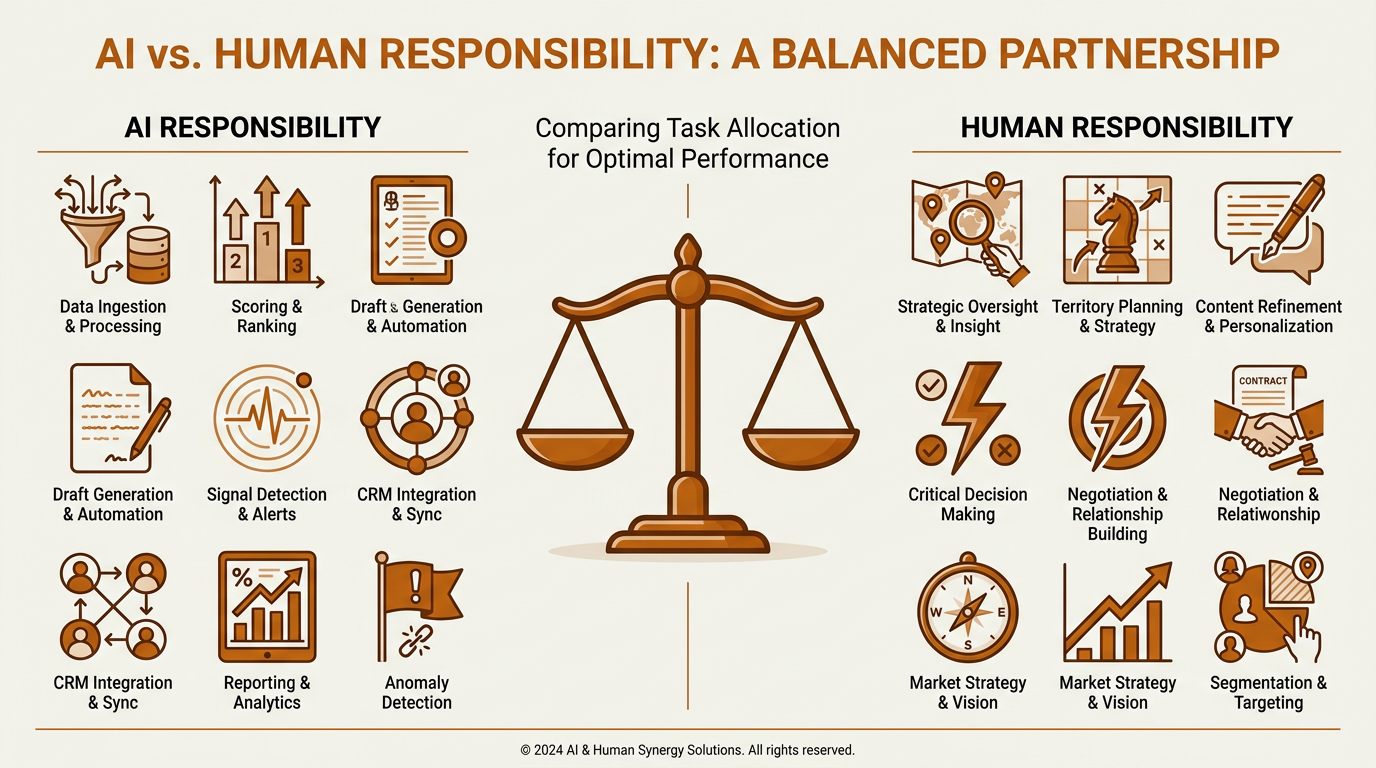 Infographic comparing AI and human responsibilities in AI sales workflow automation
