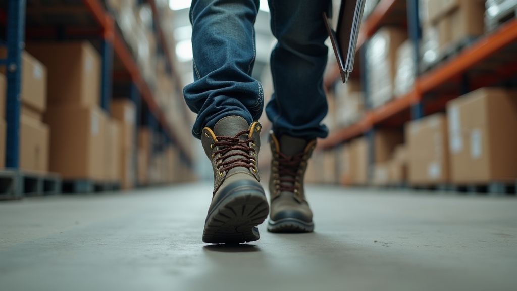Trabajador de almacén con calcetines acolchados caminando en superficie de hormigón