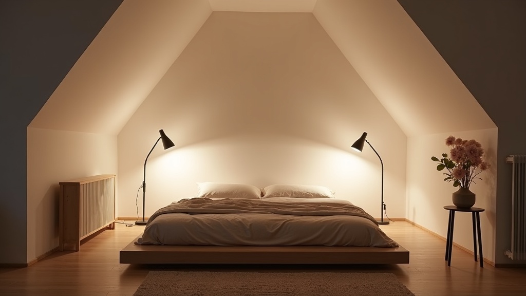 Uplighting in a low ceiling bedroom creating visual height and warmth