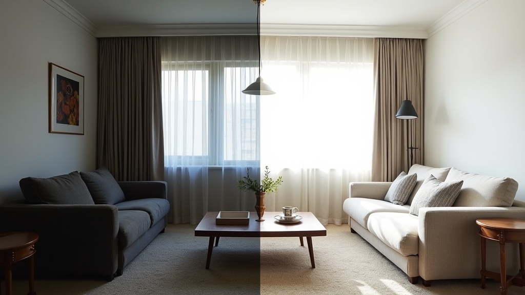 Before and after low ceiling room transformation showing visual height tricks