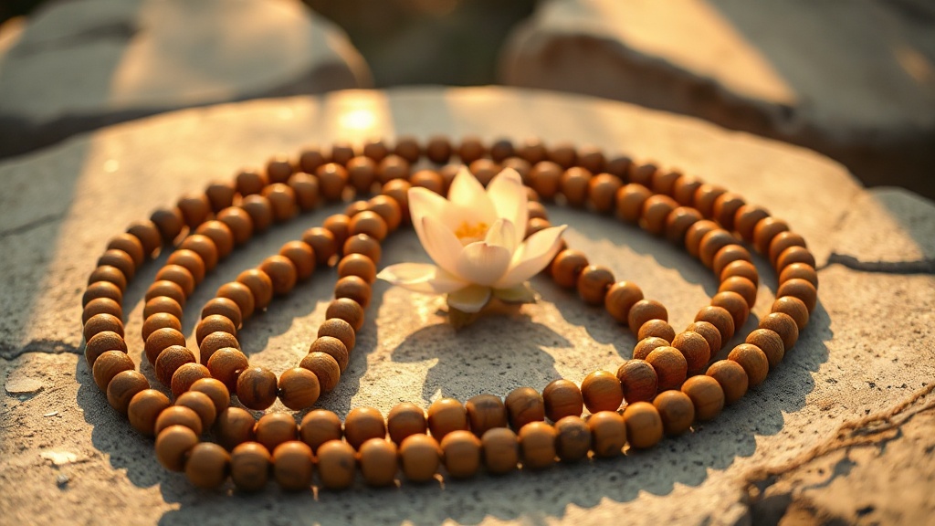 Mala tibétain en bois posé sur une surface en pierre, symbolisant la pratique du karma et de la pleine conscience