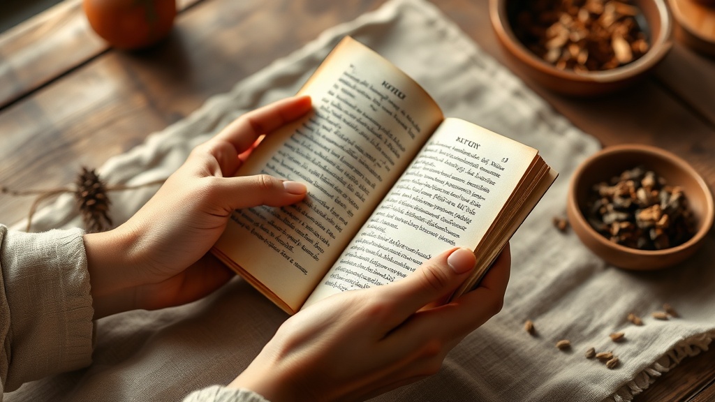 Mains tenant un petit texte bouddhiste relié, illustrant l'étude des enseignements du Bouddha sur le karma