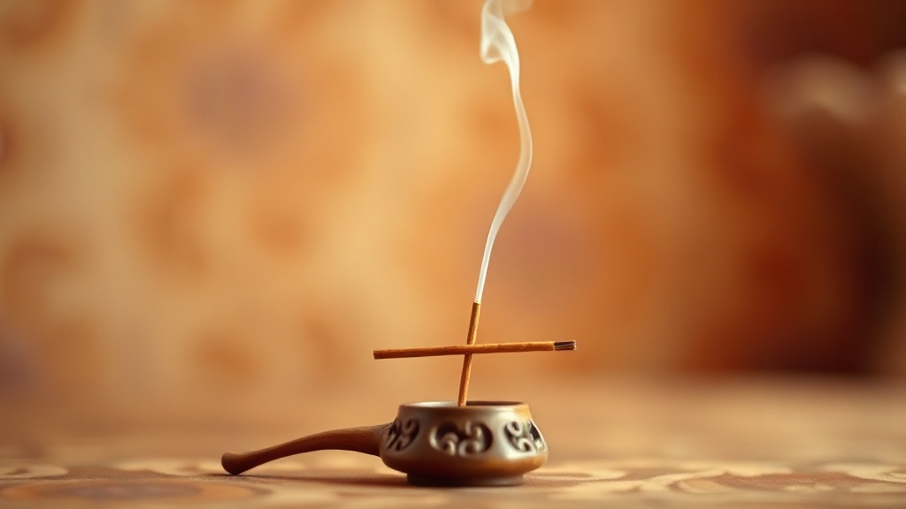 Encens allumé sur un support en bois sculpté, évoquant l'intention et la pratique bouddhiste du karma