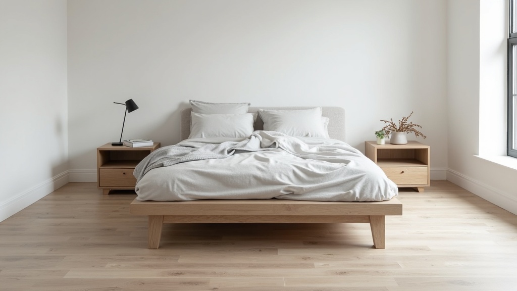 Minimalist bedroom layout with clear floor space on both sides of the bed