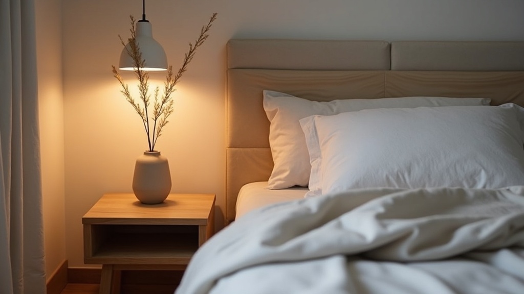 Minimalist bedroom corner with warm lamp light and linen bedding