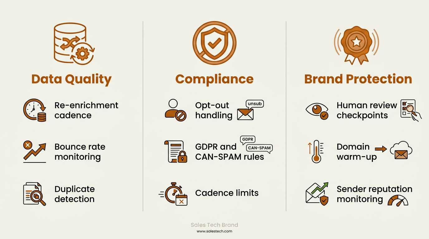 BDR automation governance best practices infographic covering data quality, compliance, and brand protection
