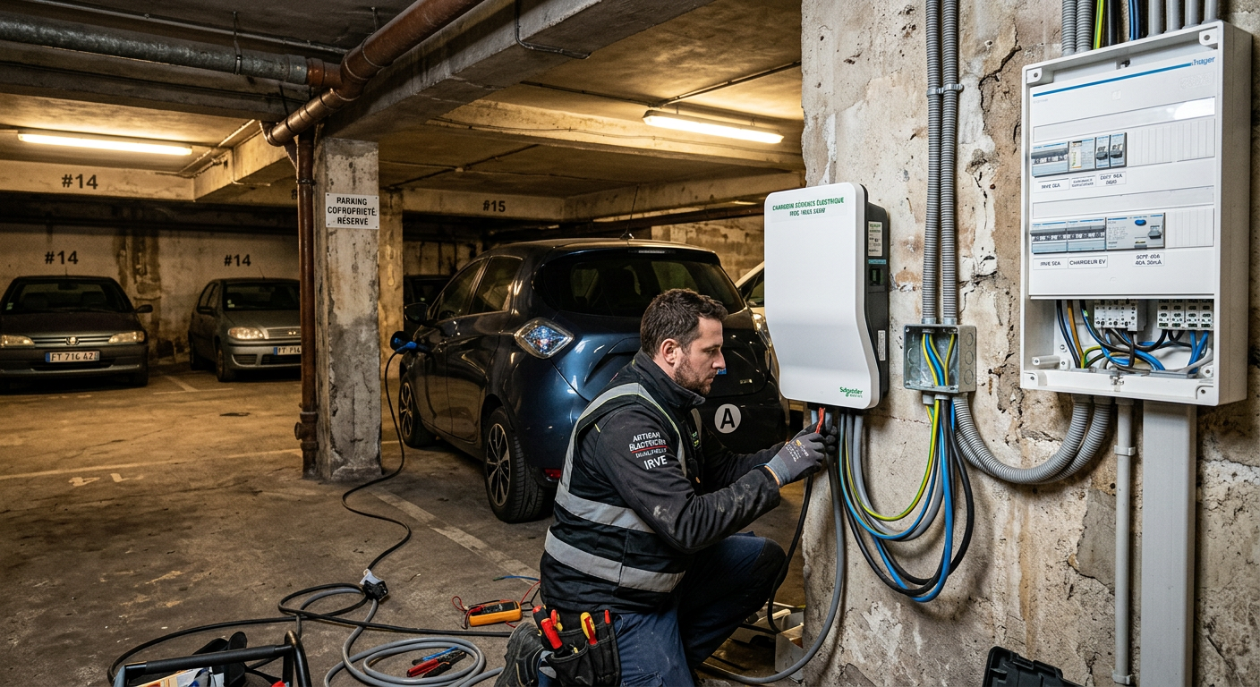 Installation d'une borne de recharge électrique IRVE dans un parking souterrain de copropriété ancienne avec câblage apparent