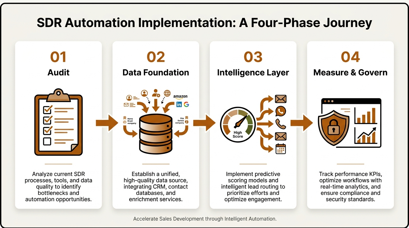 Four-phase SDR automation implementation timeline infographic from audit to governance