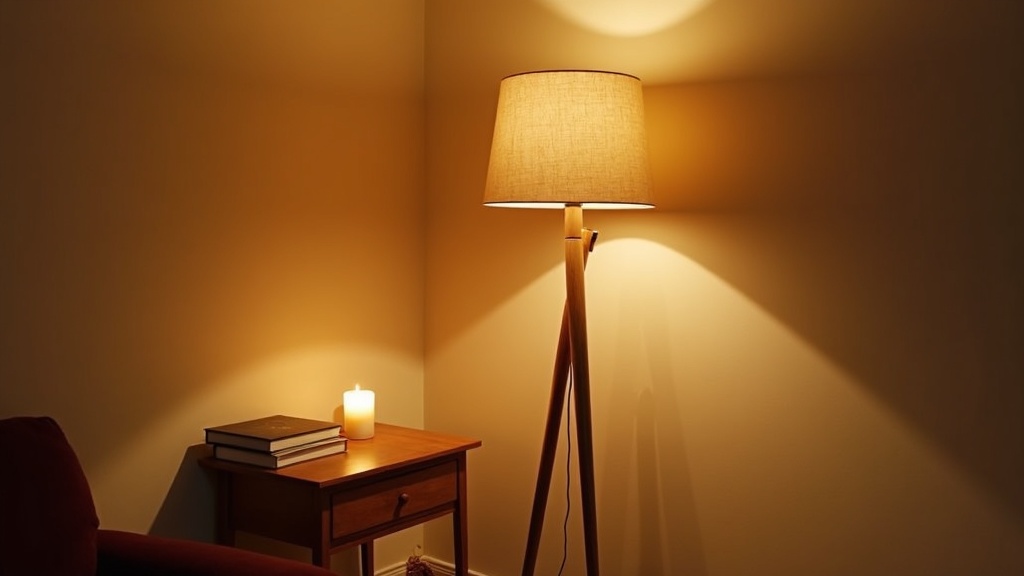 Warm floor lamp in a rental apartment corner creating ambient mood lighting
